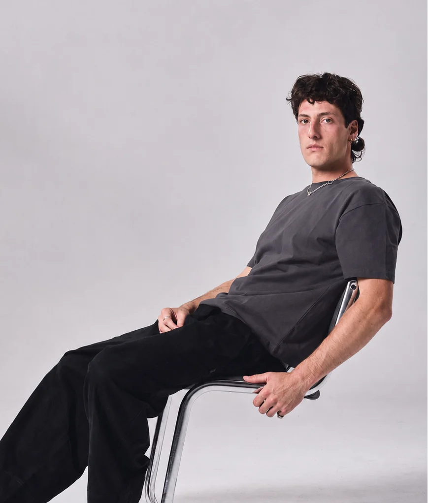 A man wearing our Koa Goods Charcoal Hemp Tee