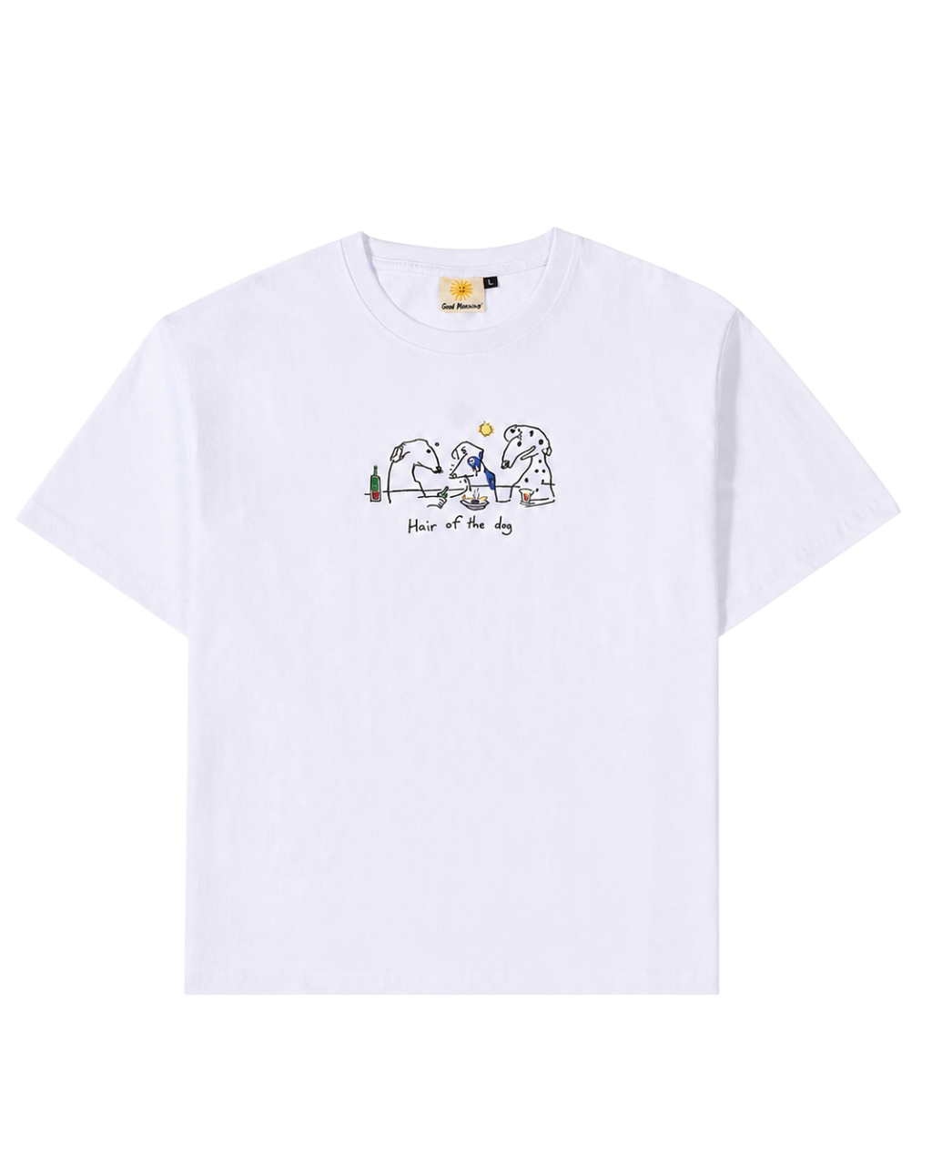 A white short-sleeve crewneck t-shirt featuring a small cartoon graphic of the text 'Hear of the Dog' printed below, displayed on a clean white background.